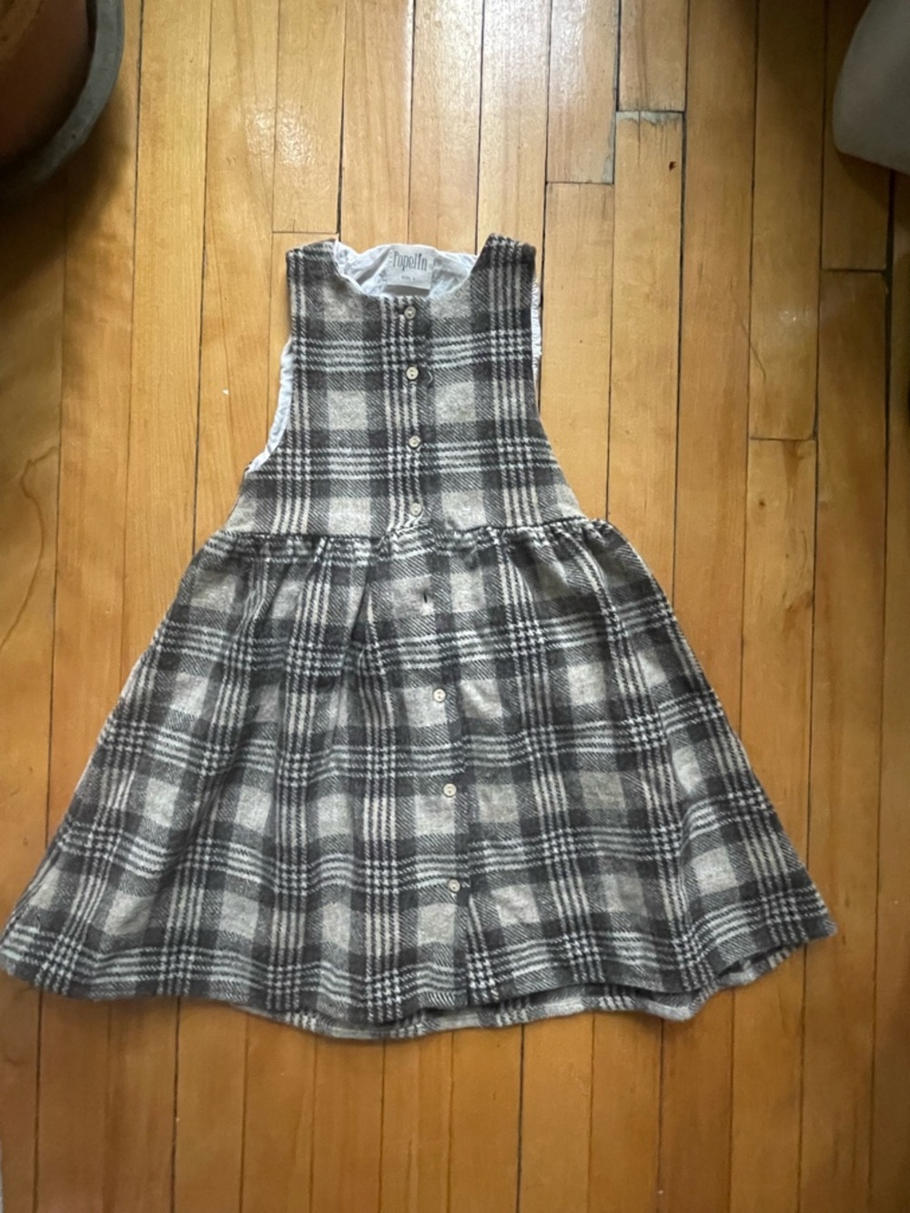 Girls Plaid Button-Front Dress in Gray and Cream